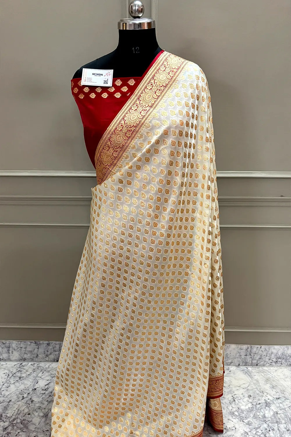 White and Red Zari Katan Silk Banarasi Saree