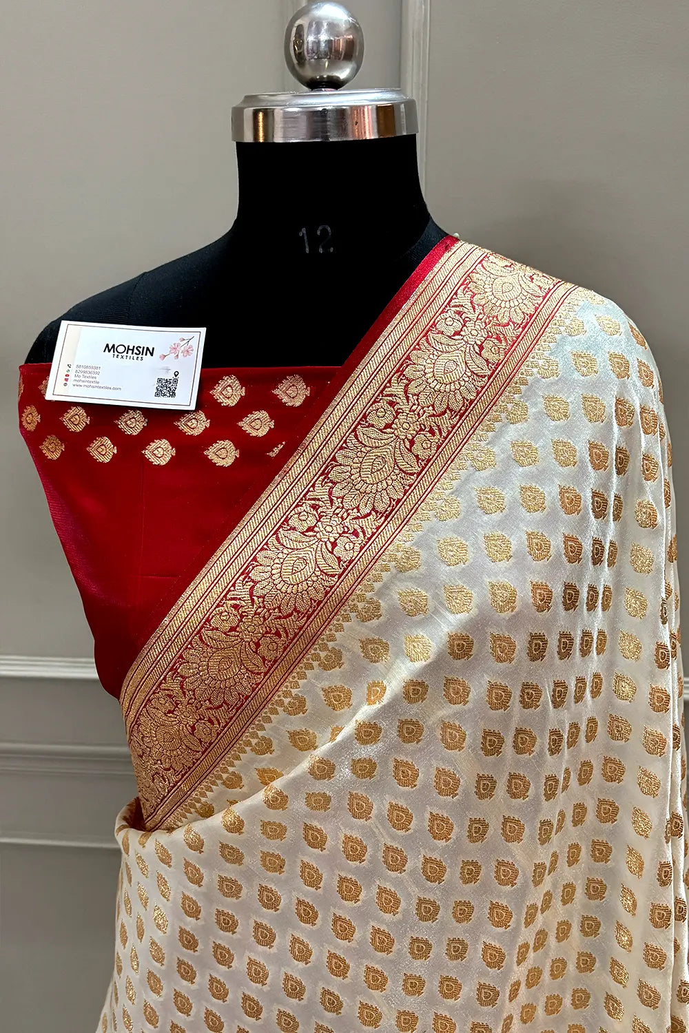 White and Red Zari Katan Silk Banarasi Saree