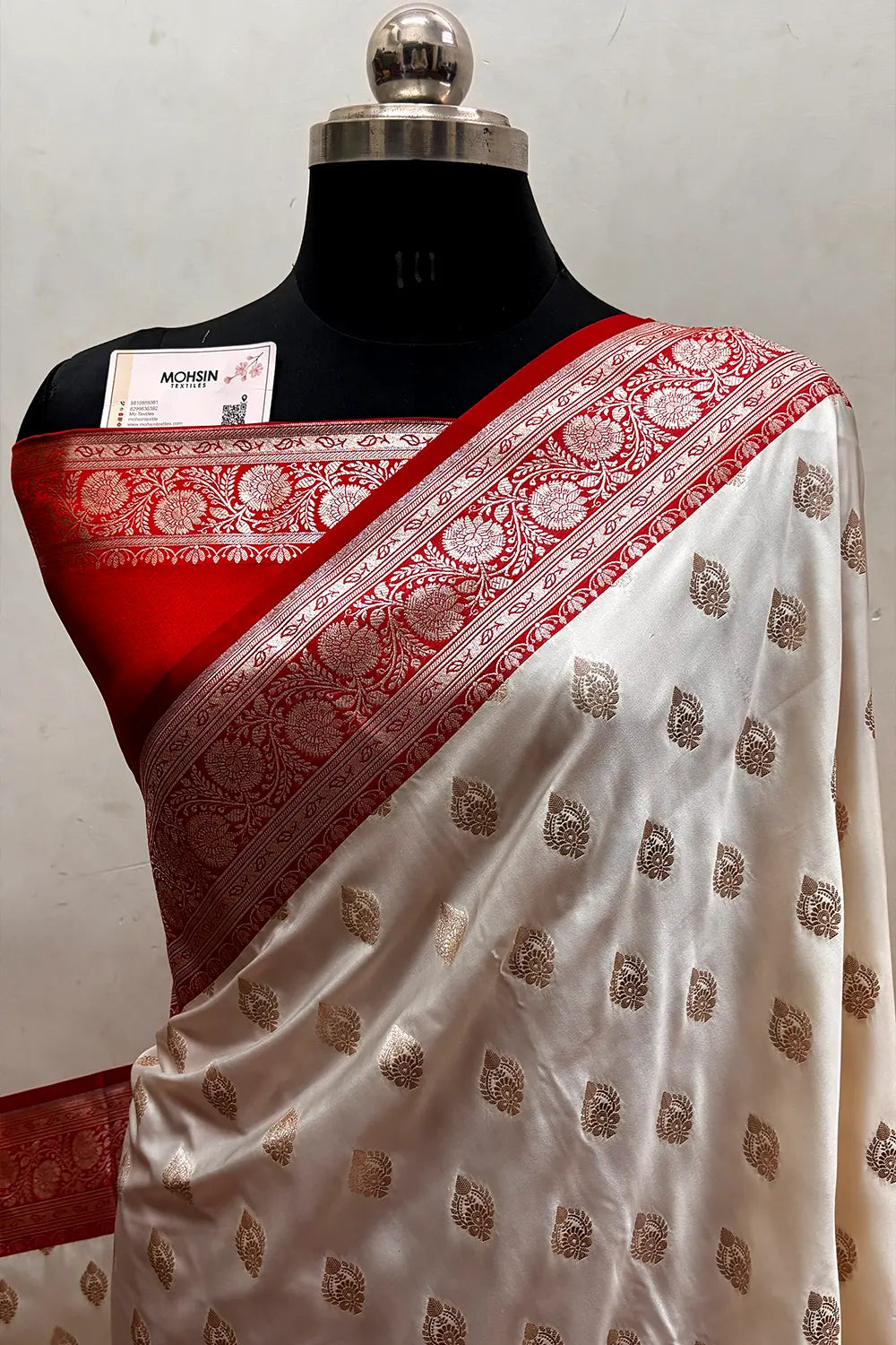 White and Red Zari Katan Silk Banarasi Saree