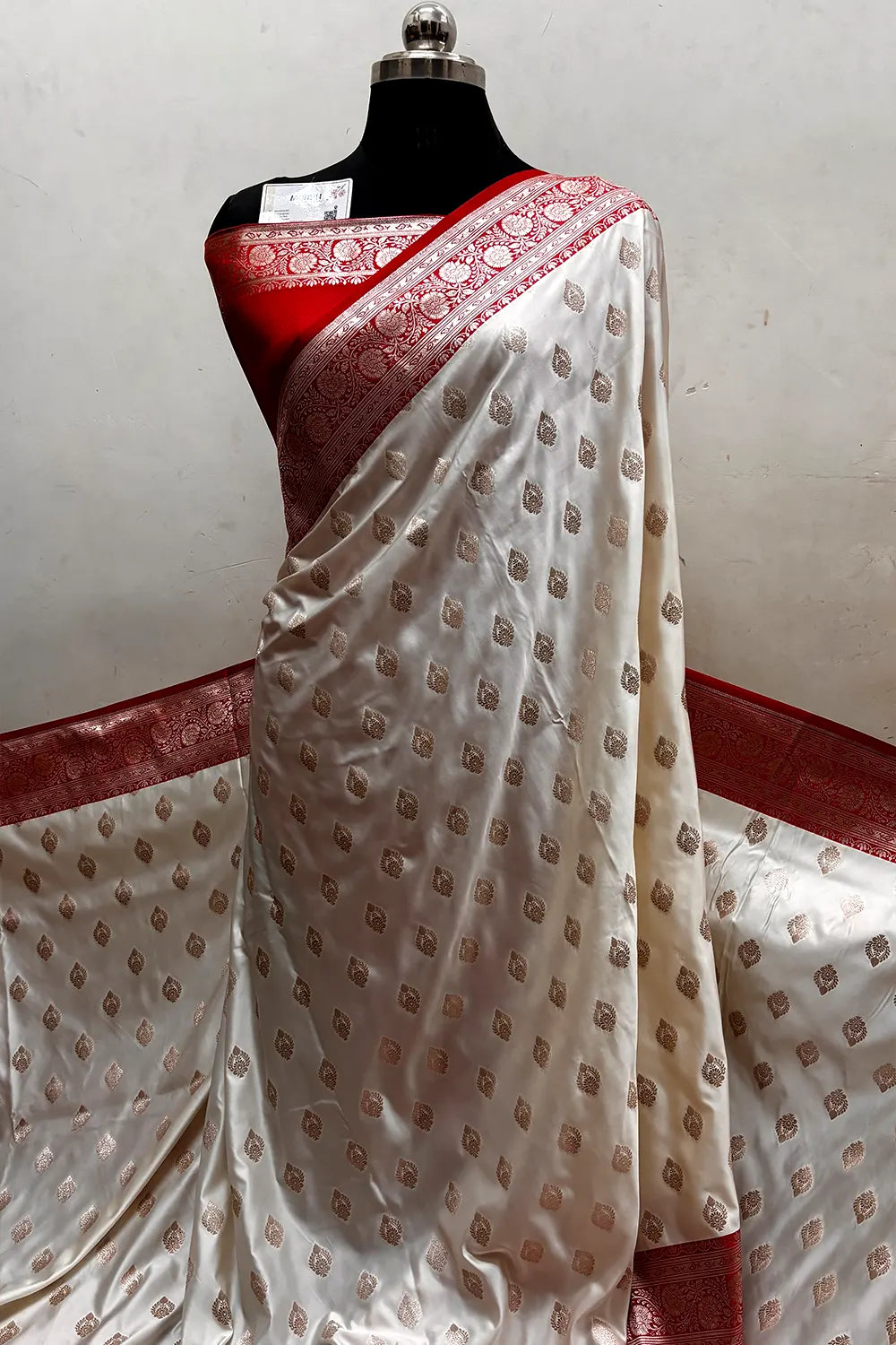 White and Red Zari Katan Silk Banarasi Saree