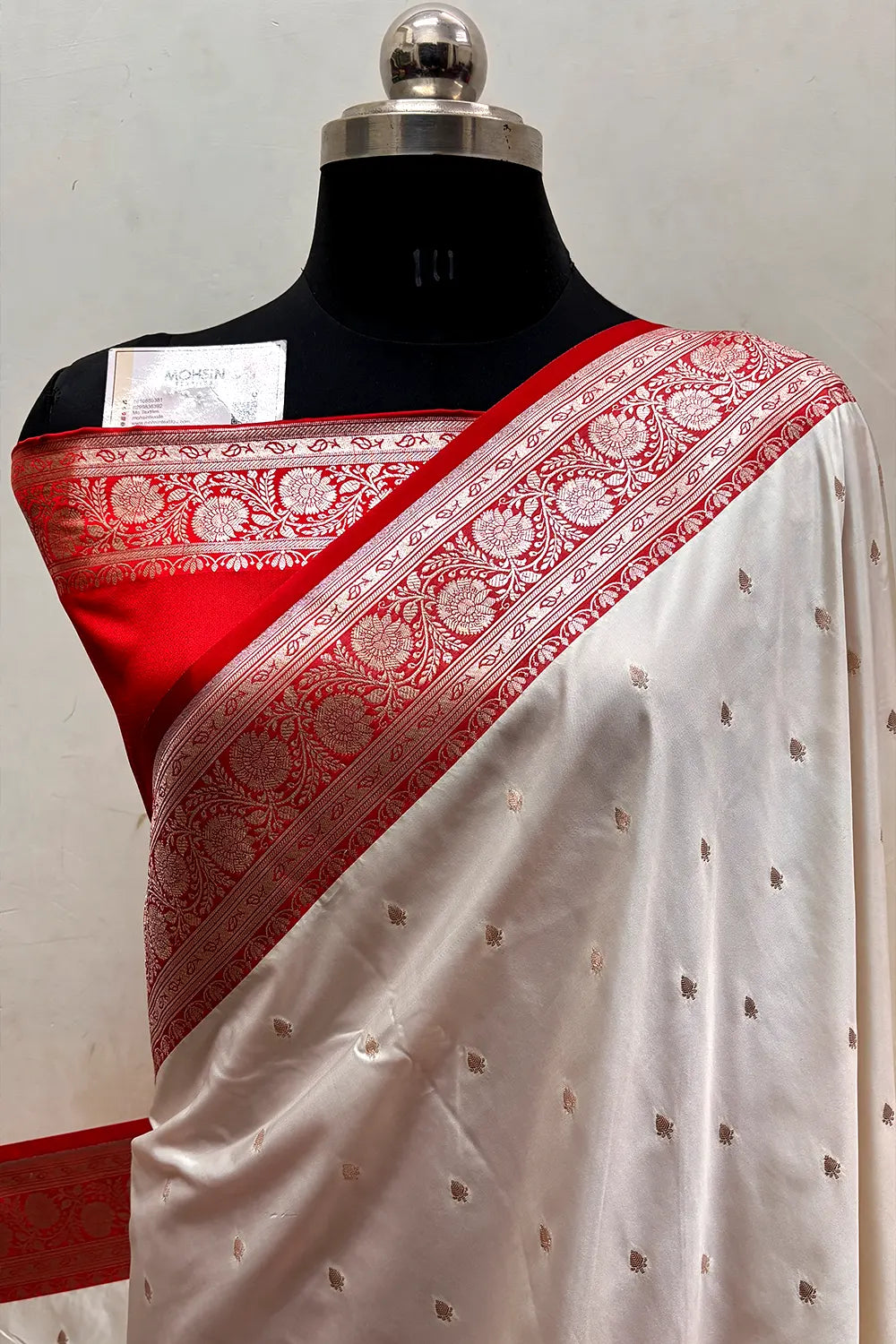 White and Red Zari Katan Silk Banarasi Saree