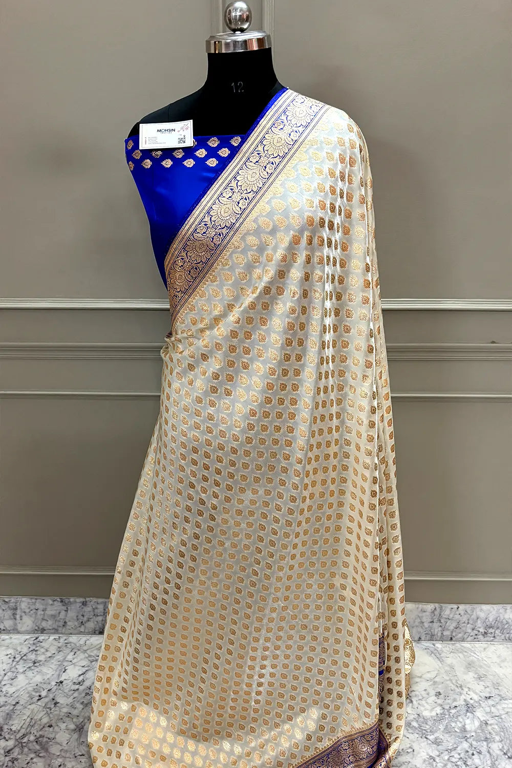 White and Royal Blue Zari Katan Silk Banarasi Saree