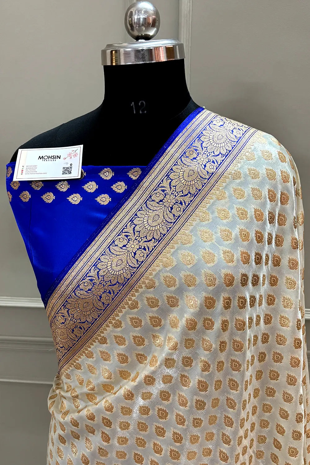 White and Royal Blue Zari Katan Silk Banarasi Saree