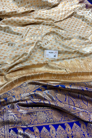White and Royal Blue Zari Katan Silk Banarasi Saree