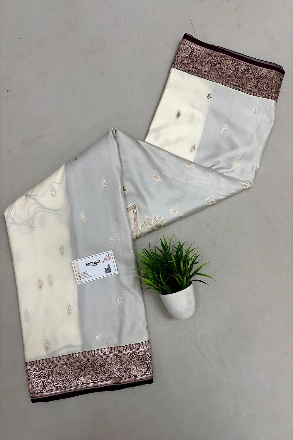White and Wine Zari Katan Mashru Silk Banarasi Saree
