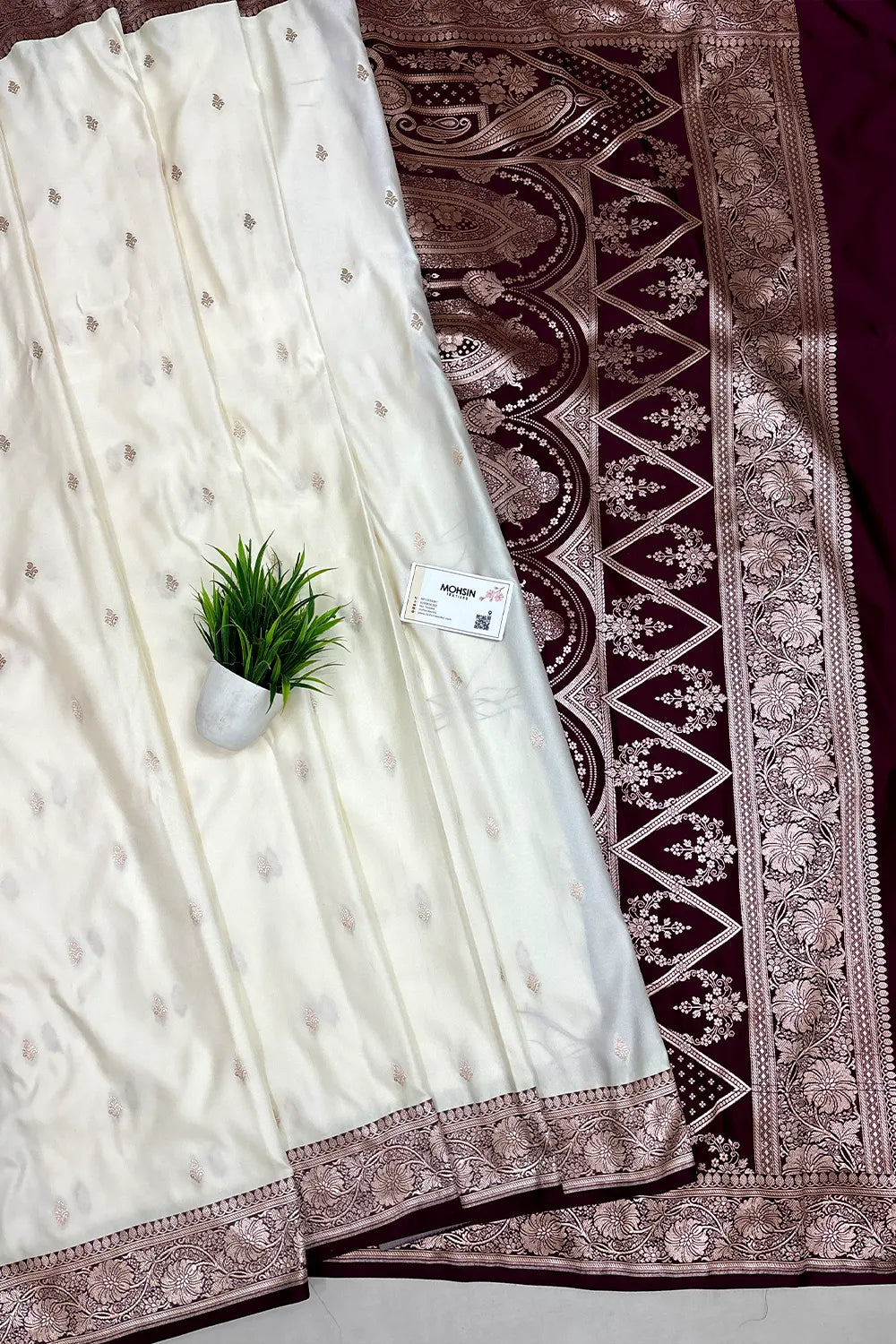 White and Wine Zari Katan Mashru Silk Banarasi Saree