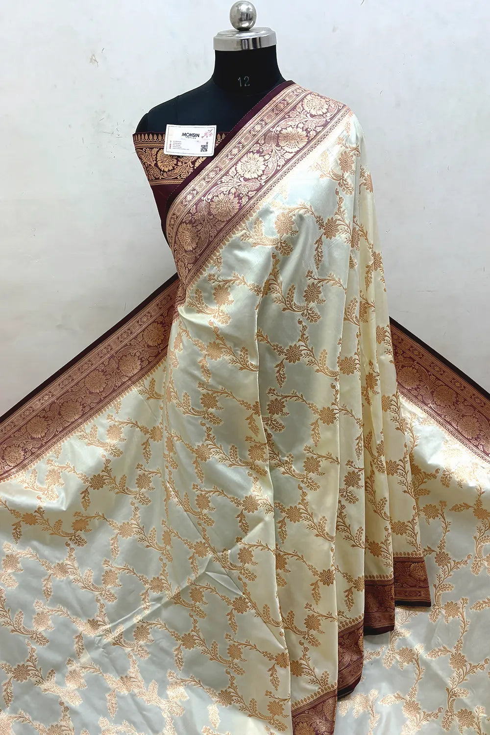 White and Wine Zari Katan Satin Silk Banarasi Saree