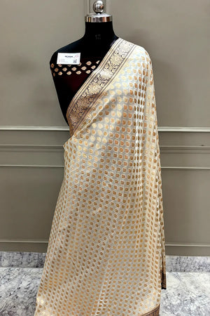 White and Wine Zari Katan Silk Banarasi Saree