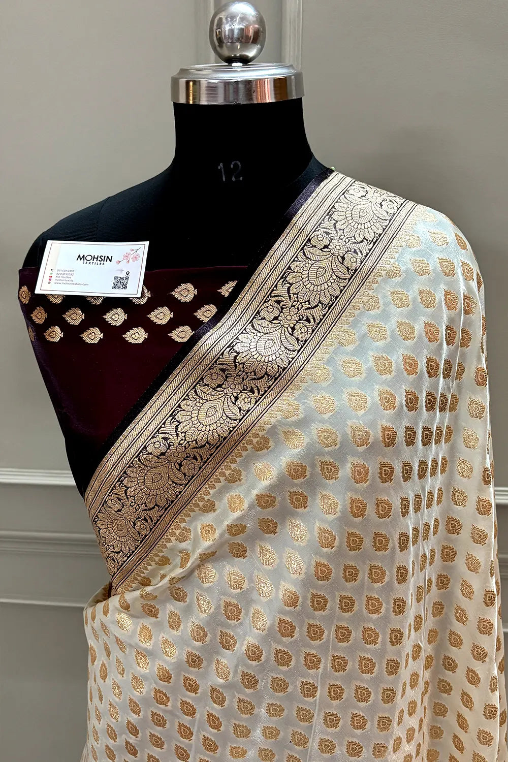 White and Wine Zari Katan Silk Banarasi Saree