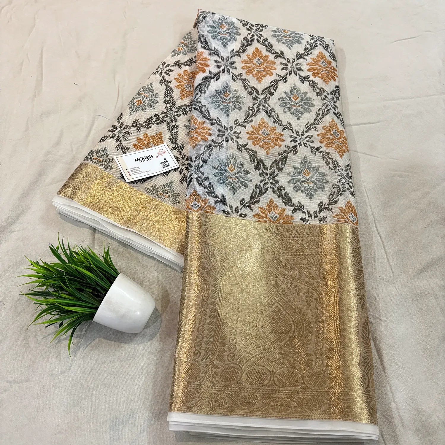 White Black Printed Muga Silk Banarasi Saree