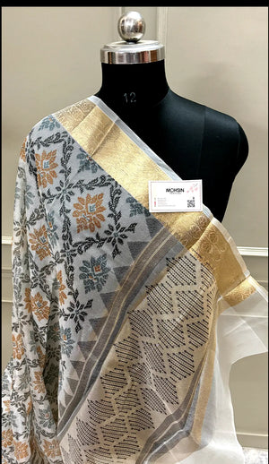 White Black Printed Muga Silk Banarasi Saree
