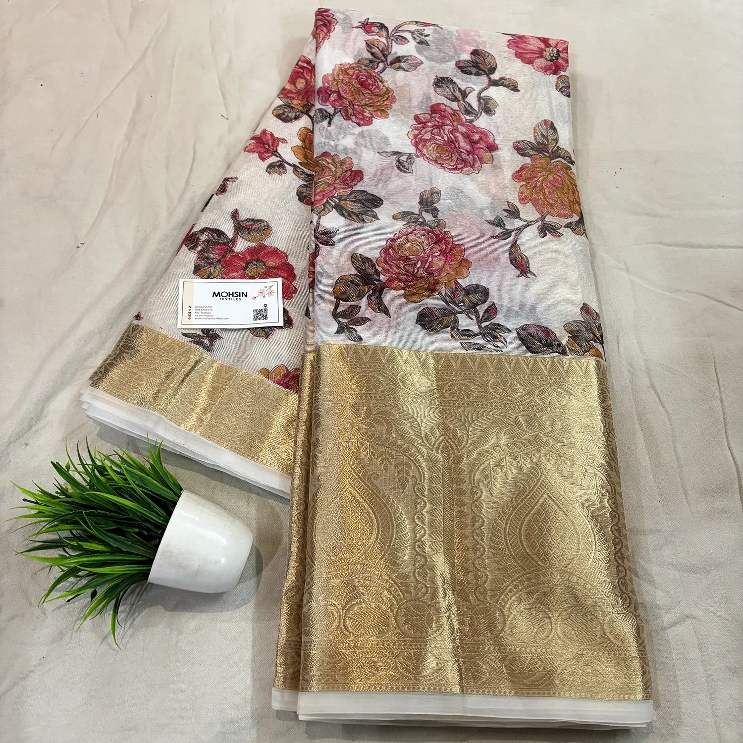 White Black Printed Muga Silk Banarasi Saree