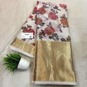 White Black Printed Muga Silk Banarasi Saree