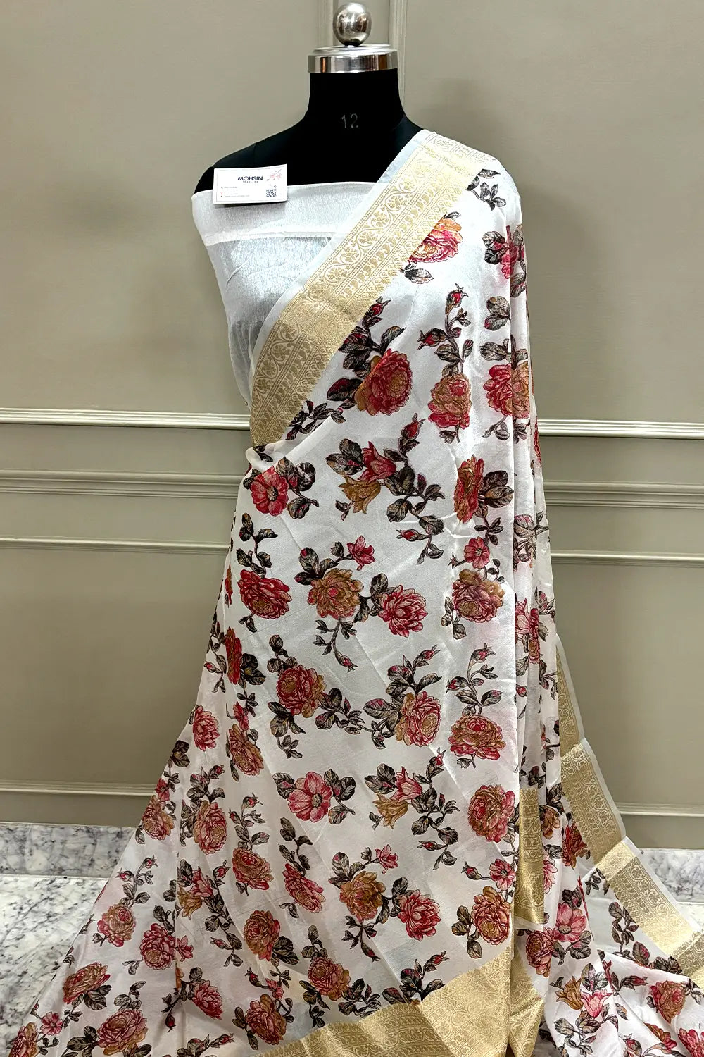 White Black Printed Muga Silk Banarasi Saree