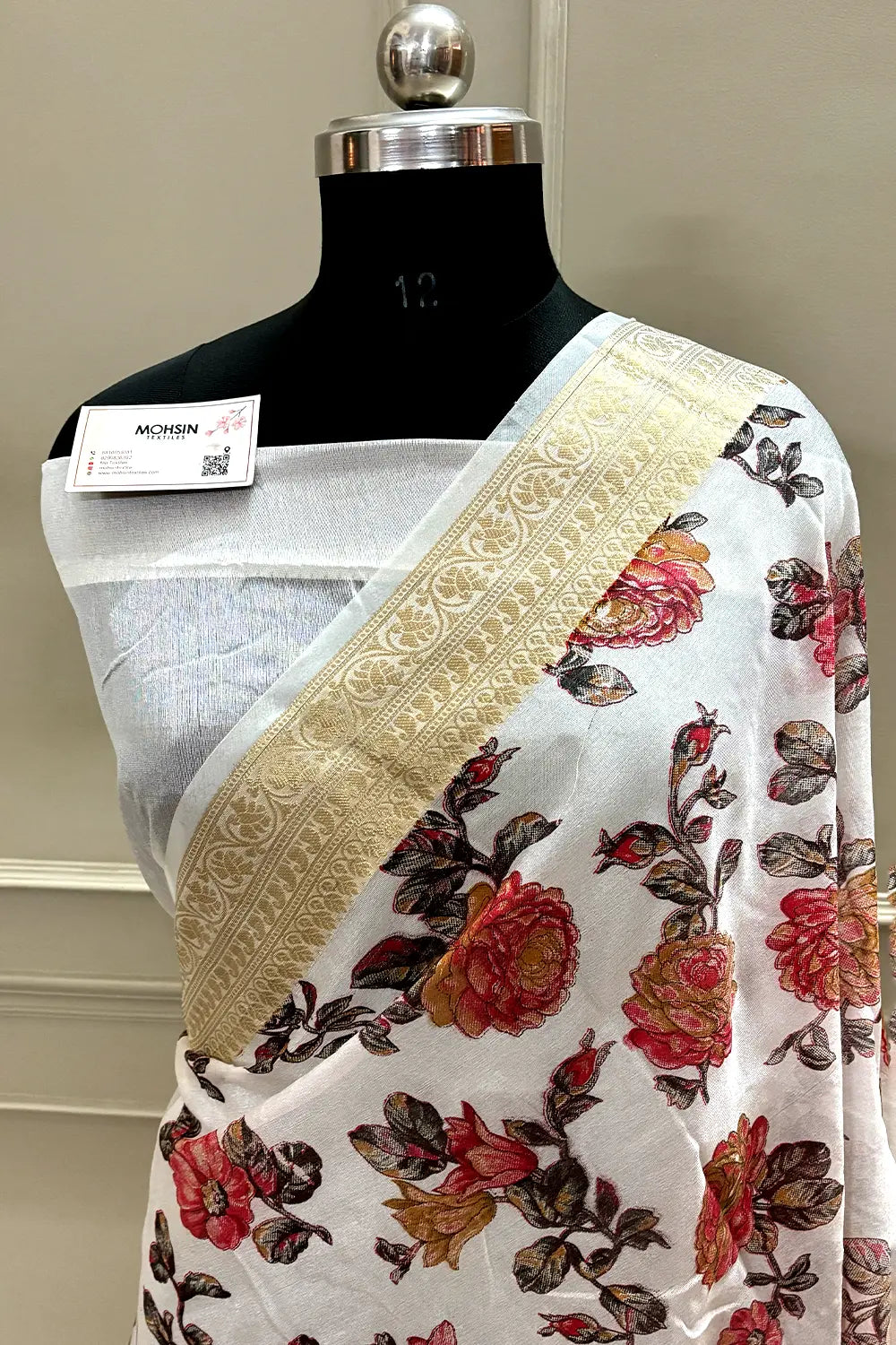 White Black Printed Muga Silk Banarasi Saree