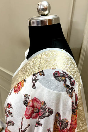 White Black Printed Muga Silk Banarasi Saree