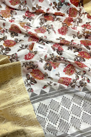 White Black Printed Muga Silk Banarasi Saree