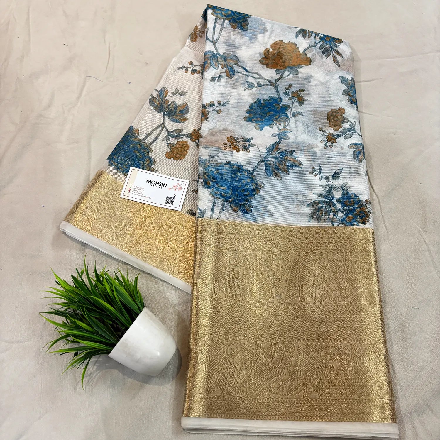 White Blue Printed Muga Silk Banarasi Saree