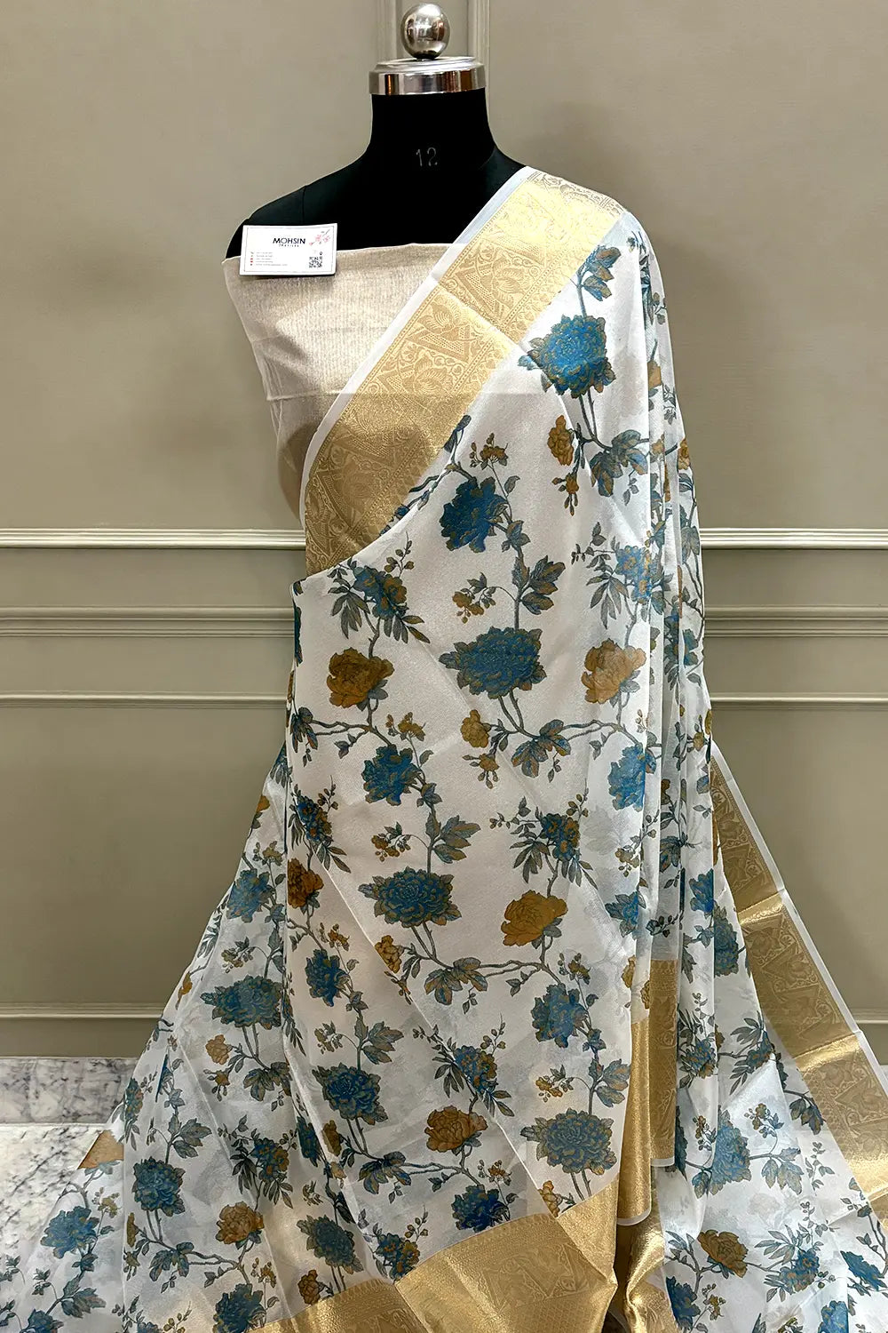 White Blue Printed Muga Silk Banarasi Saree