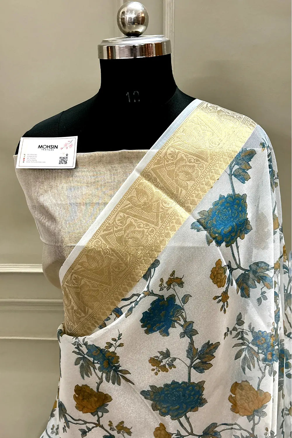 White Blue Printed Muga Silk Banarasi Saree