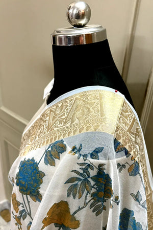White Blue Printed Muga Silk Banarasi Saree