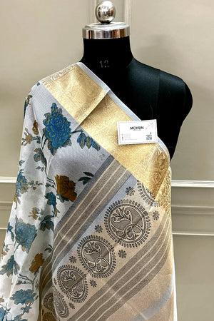 White Blue Printed Muga Silk Banarasi Saree