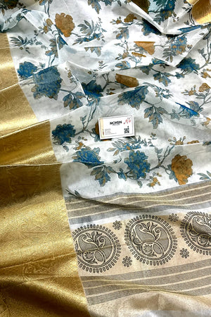 White Blue Printed Muga Silk Banarasi Saree