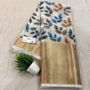 White Blue Printed Muga Silk Banarasi Saree