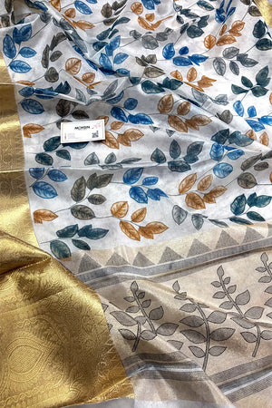 White Blue Printed Muga Silk Banarasi Saree