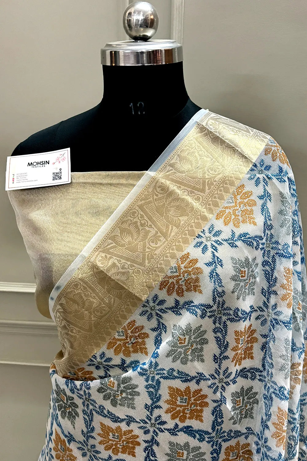 White Blue Printed Muga Silk Banarasi Saree