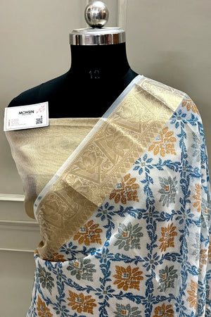 White Blue Printed Muga Silk Banarasi Saree