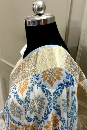 White Blue Printed Muga Silk Banarasi Saree