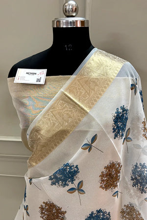 White Blue Printed Muga Silk Banarasi Saree