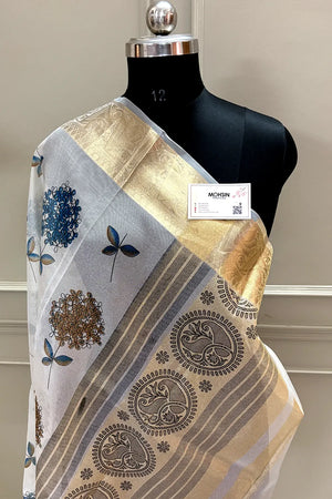 White Blue Printed Muga Silk Banarasi Saree