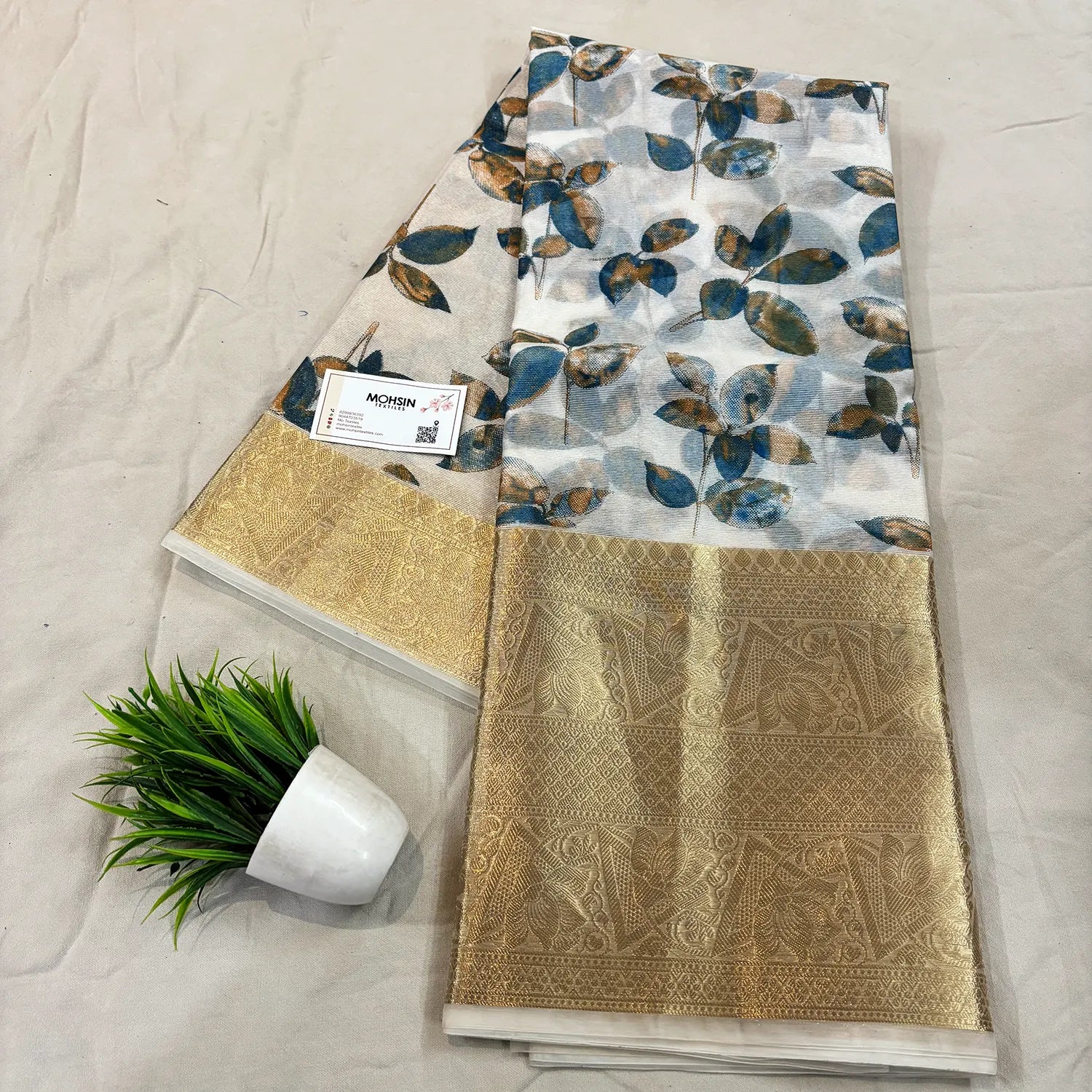 White Blue Printed Muga Silk Banarasi Saree