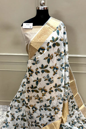 White Blue Printed Muga Silk Banarasi Saree