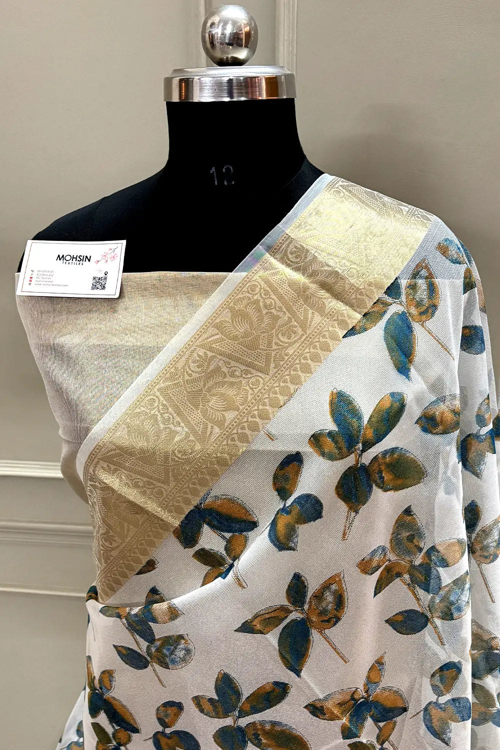 White Blue Printed Muga Silk Banarasi Saree