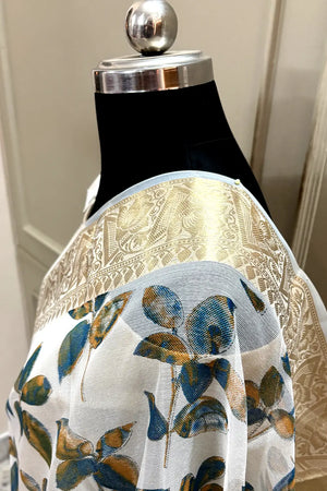 White Blue Printed Muga Silk Banarasi Saree