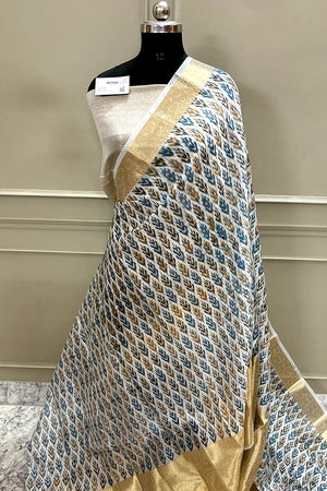 White Blue Printed Muga Silk Banarasi Saree