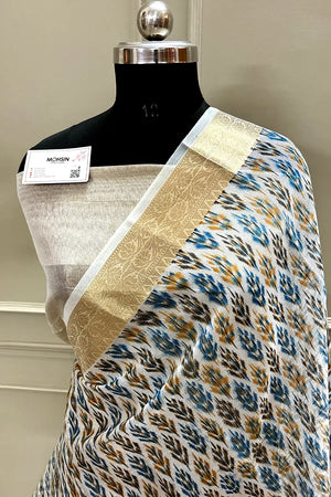 White Blue Printed Muga Silk Banarasi Saree