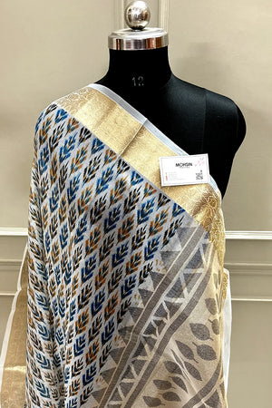 White Blue Printed Muga Silk Banarasi Saree