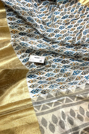 White Blue Printed Muga Silk Banarasi Saree