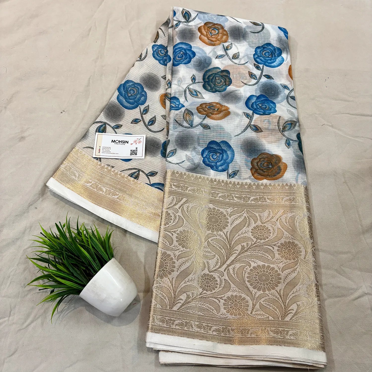 White Blue Printed Muga Silk Banarasi Saree