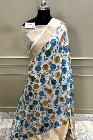 White Blue Printed Muga Silk Banarasi Saree