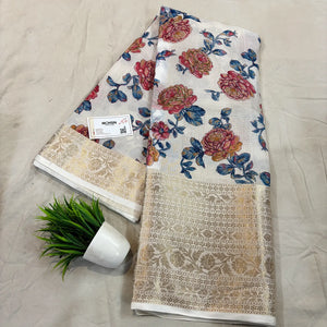 White Blue Printed Muga Silk Banarasi Saree