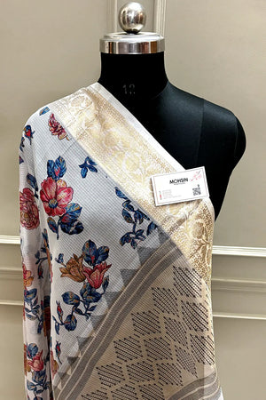 White Blue Printed Muga Silk Banarasi Saree