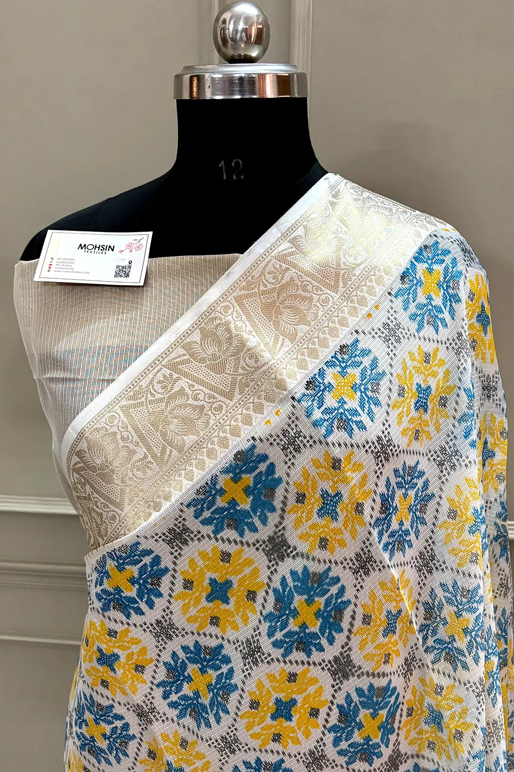 White Blue Printed Muga Silk Banarasi Saree