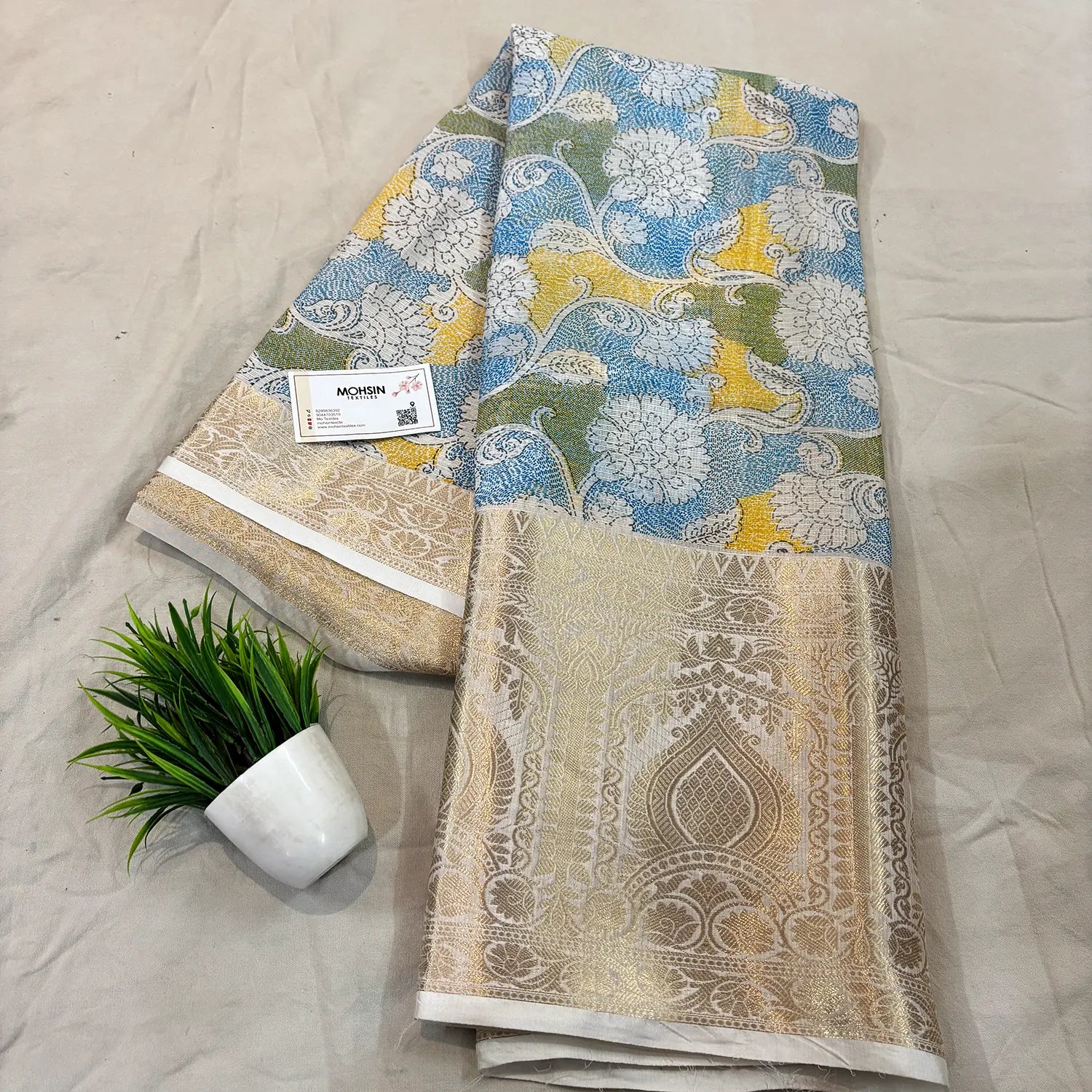 White Blue Printed Muga Silk Banarasi Saree