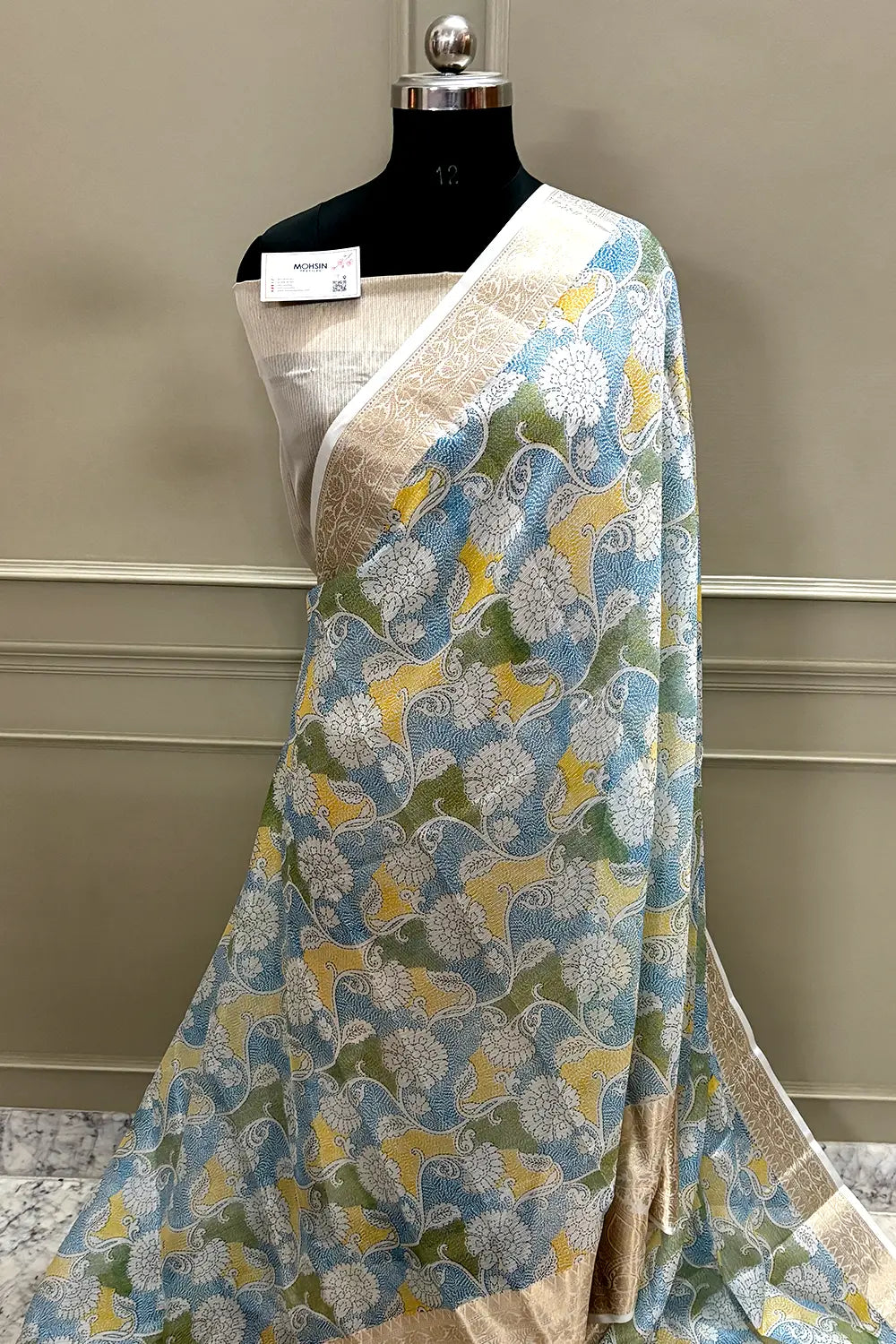 White Blue Printed Muga Silk Banarasi Saree