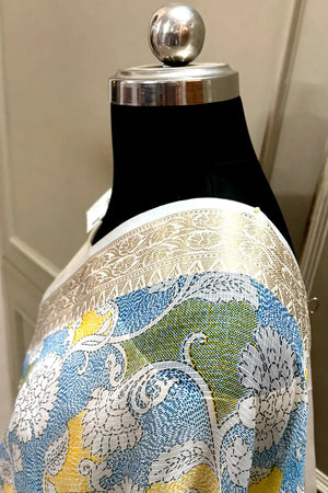 White Blue Printed Muga Silk Banarasi Saree